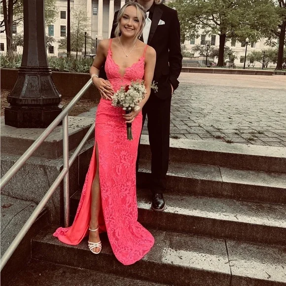 open lace back dress Glitter-Print Long Prom Dress with Sheer Waist Smoky Blue / 4